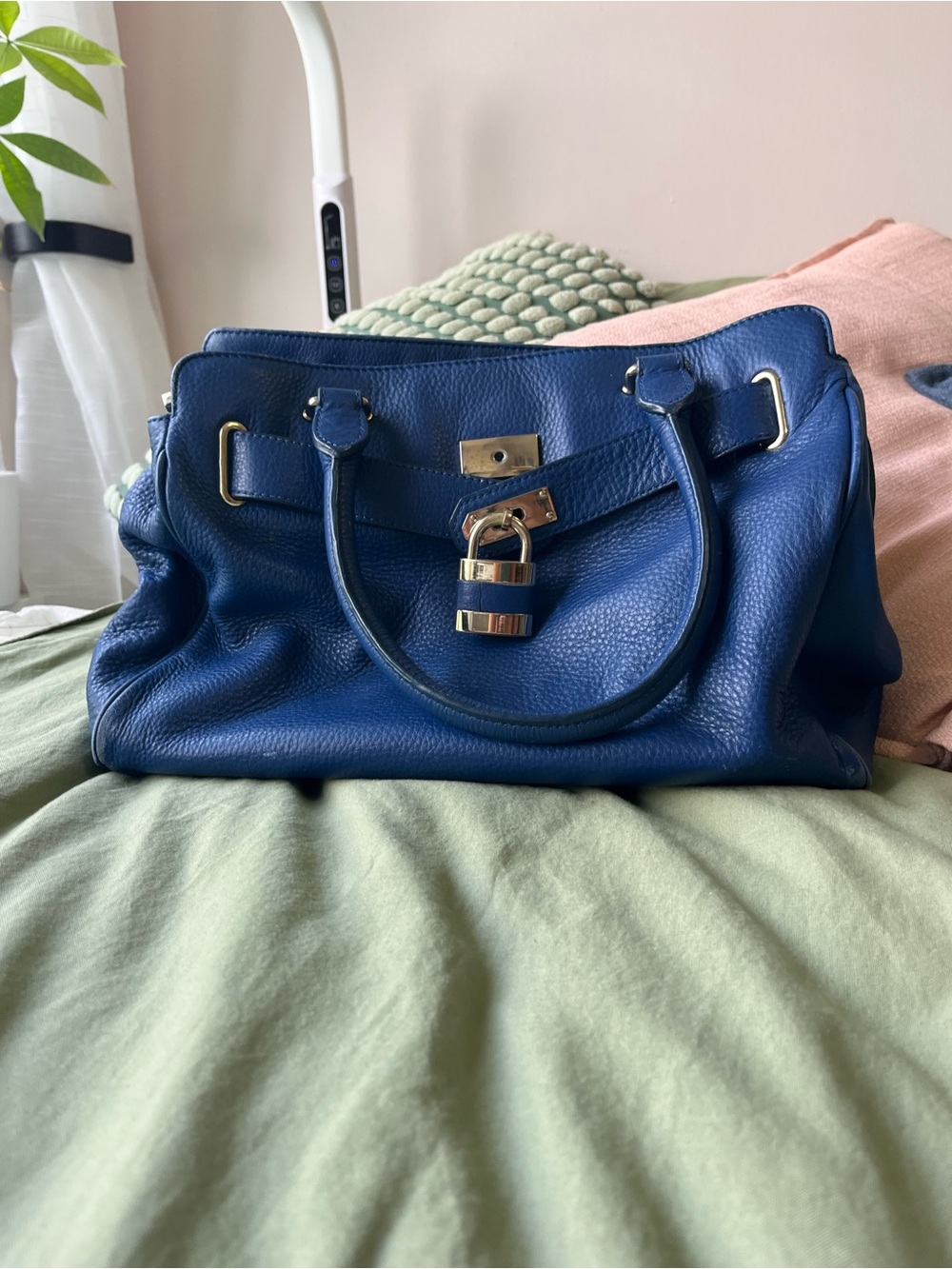 Danier Blue Leather Satchel with Padlock Accent